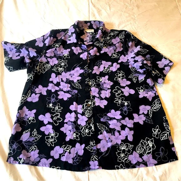 Tradition Plus Short Sleeve Button Down Casual Shirt Black Purple Flower Print - Picture 1 of 7